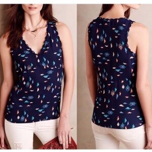 Anthropologie Maeve Turtle Print Scalloped Tank Sleeveless Blouse Navy Allover-4